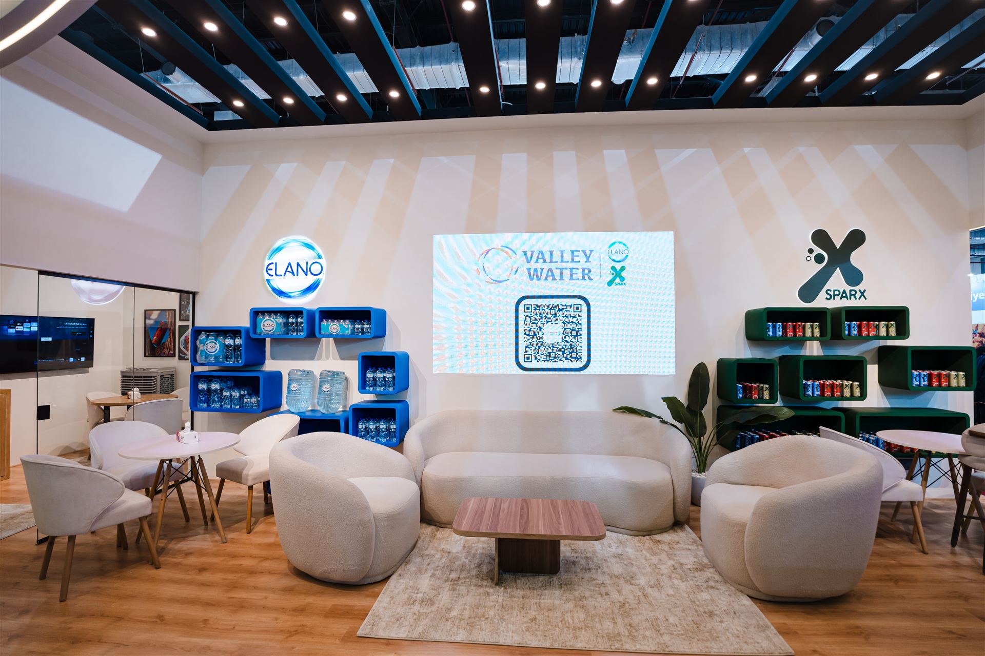 Valley Water booth interior with Elano product display